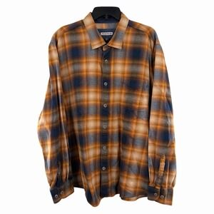 32 Bar Blues Flannel Shirt Men 2XL Blue Yellow Plaid Button Up Flap Pockets Soft